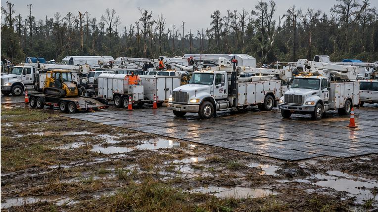 Emergency repair site for power lines following heavy rains, typhoons or floods, with a focus on “Why not just a thin sheet of mudslides”