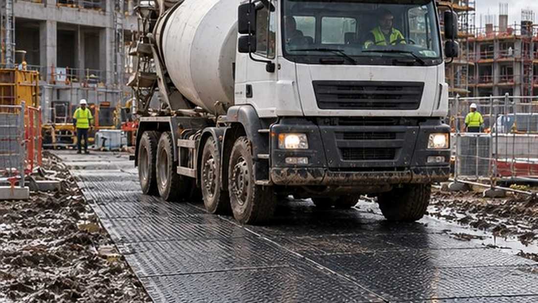 Construction site temporary road and vehicular access panorama, with material for the plastic network