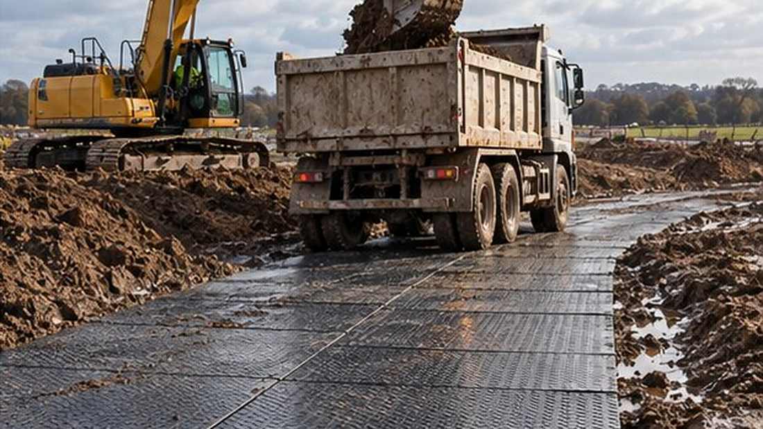 Estradas temporárias em deslizamentos de lama e pisos macios para destacar materiais da rede plástica