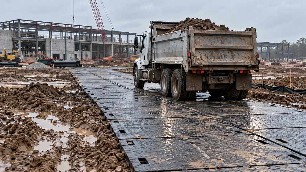 Kontinuierlicher Straßenbelag auf dem Gelände nach Regen für Schlackenfahrzeuge und Neubaustellenkartierung