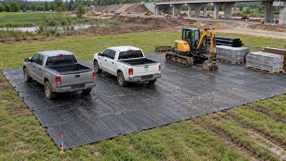 Construction vehicle parking and materials revolving platform, with new construction site mapping