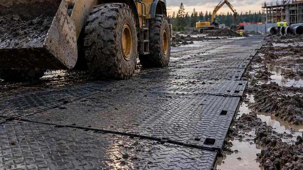 Carreteras pavimentadas temporales y equipo pesado en sitios de construcción húmedos y suaves, con material para la red de plástico