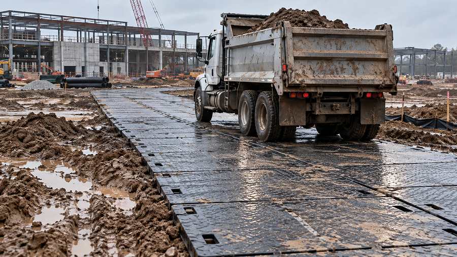 Busladungen von Schmutzfahrzeugen betraten Baustellen entlang temporärer asphaltierter Straßen und erstellten neue Baustellenkarten