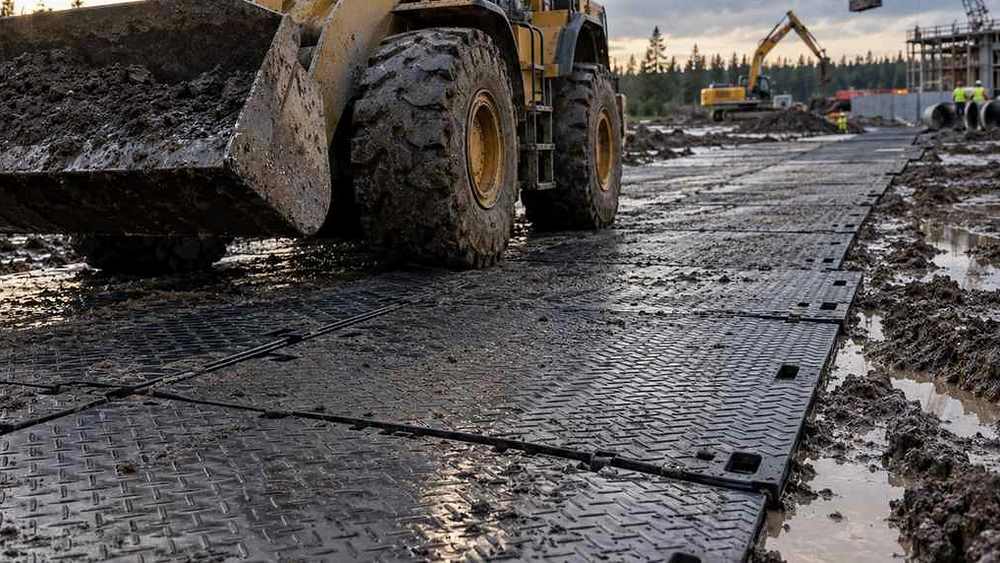 Veículos pesados no local de construção usaram um pavimento de estrada à prova de deslizamentos para promover materiais da rede plástica