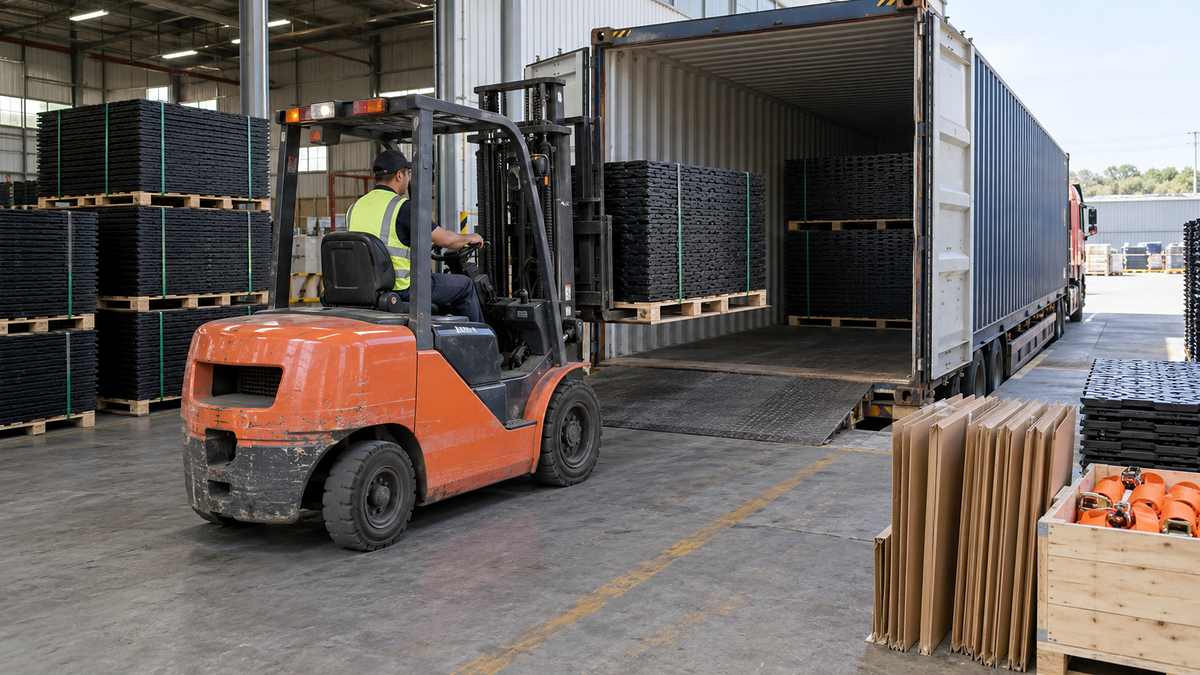 Forklift loads full of pavements into sea containers and new procurement scenes