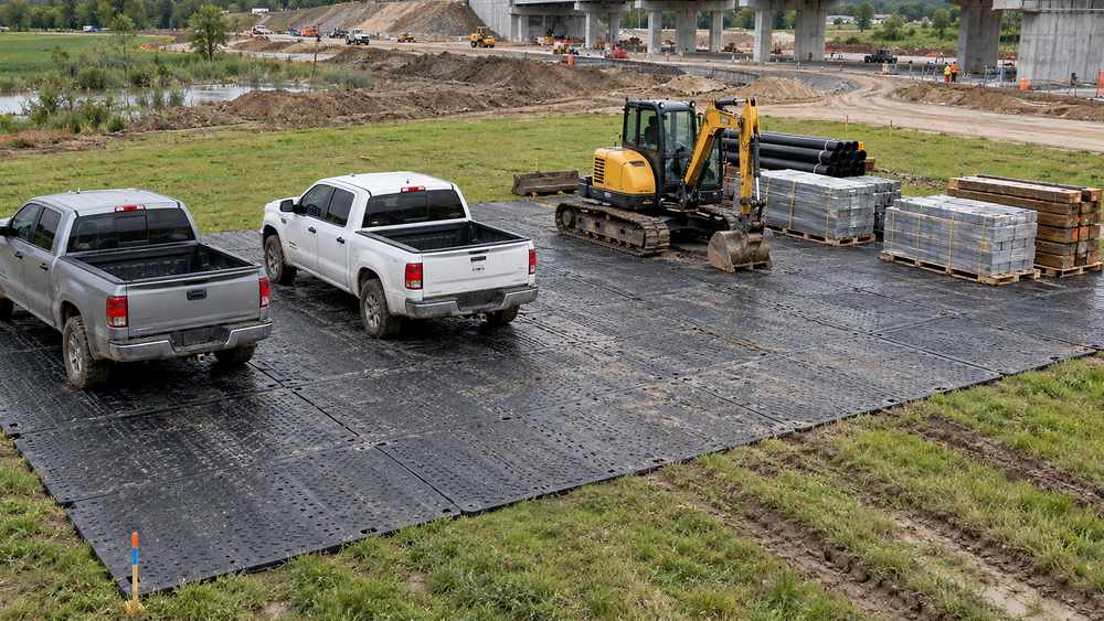 Veículos, paletes e equipamento de construção no pavimento temporário do pavimento, com novos planos de construção