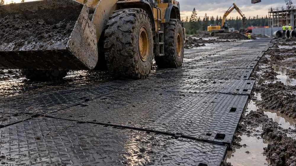 Engineering equipment around the meadows and the application of temporary pavement floors to highlight materials from the plastic network