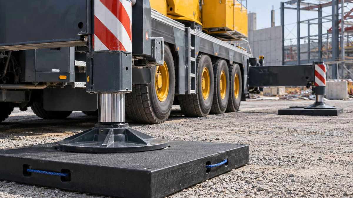 Große Beinpads zur Verteilung von Lasten auf Kranbeine auf der Baustelle und Material zur Erfassung des Kunststoffnetzwerks