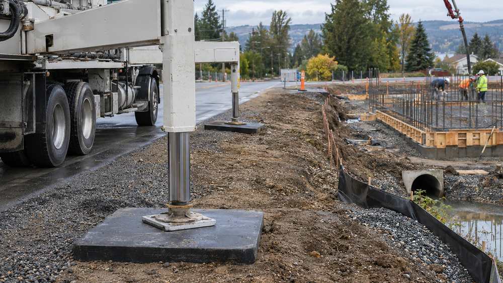 Pumper legs and large polymer pads at the wet construction site, new construction site scene
