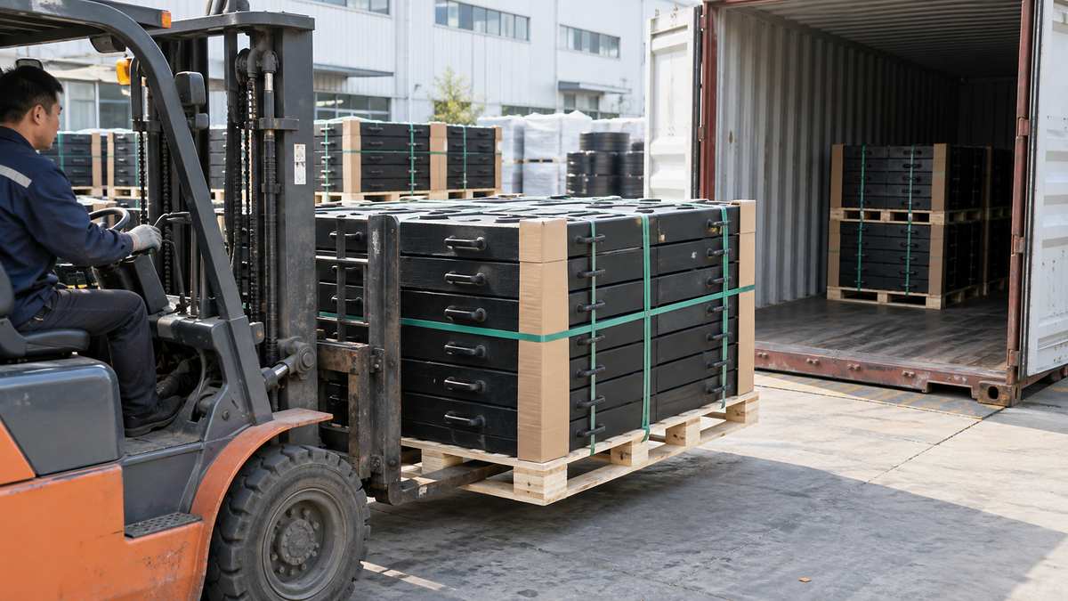Loaded container with a leg pad tray and strapped to a new procurement scene